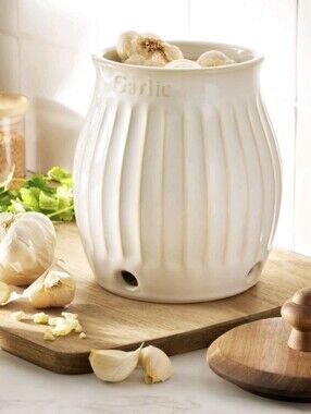 2026 The Pioneer Woman Colette Cream Ceramic Garlic Keeper Jar with Wooden Lid